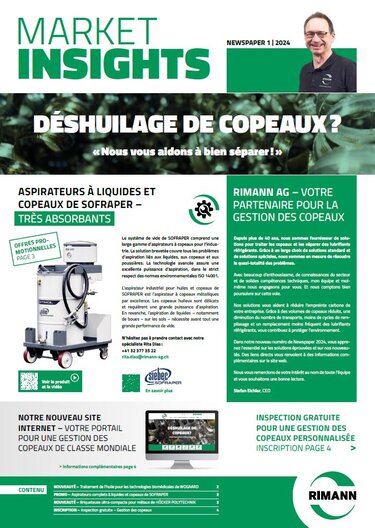 Newsletter gestion des copeaux de Rimann AG avec différents produits comme les aspirateurs à copeaux, les presses à briquettes, les centrifugeuses et les installations de traitement des copeaux.