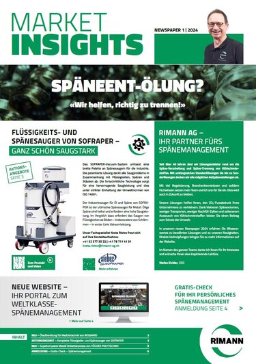 Newsletter Spänemanagement der Rimann AG mit verschiendenen Produkten wie Spänesauger, Brikettierpresse, Zentrifugen und Späneaufbereitungsanlagen